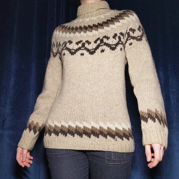 Hand Crafted Sweaters - Vintage 90s neutral brown & cream turtleneck isle print chunky knit sweater